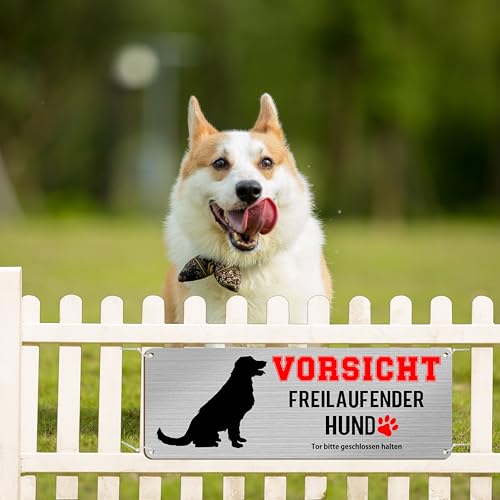 Yezirzax Vorsicht Freilaufender Hund, 2 Stück 25x10cm Achtung Hund Schild, Vorsicht Bissiger Hund Schild Warnschild Hund Aluminium mit Selbstklebend und Vorgebohrten Löchern