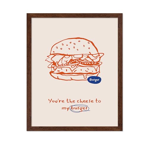Poster Master You're The Cheese To My Burger Poster - Retro Cheeseburger Print - Food & Drink Design - Burger Art - Chic Boho Graphic - Aesthetic Restaurant or Kitchen Wall Decor - 8x10 Brown Framed
