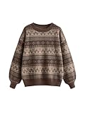 MakeMeChic Women's Winter Christmas Sweaters Grandpa Vintage Striped Oversized Long Sleeve Crew Neck Brown Knit Sweater Multicolor B Medium