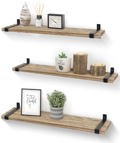 Sapowerntus Wood Floating Shelves Bathroom Wall Mounted, 24 Inch Light