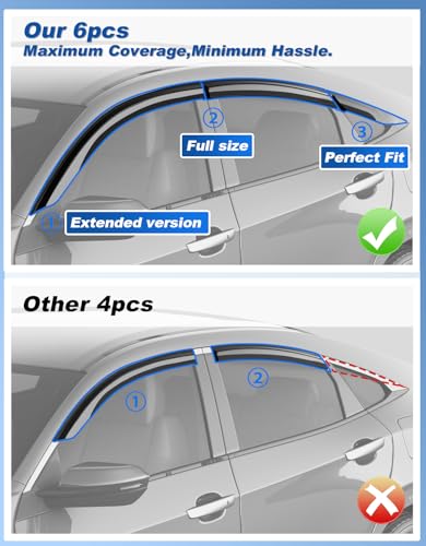 Image of 6-PCS Extra-Thick Rain Guards Fit for Honda Civic Sedan 4dr LX 2016-2021 Extra Durable Tape-on Window Rain Guard Window Deflectors Vent Shades Window Visor Vent Visors Exterior