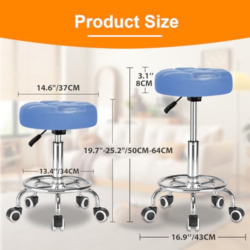 Image of Rolling Stool PU Leather Round - Ultra Soft Padded Seat Cushion Stool with Wheels with Footrest, Weight Capacity 300lb,Adjustable Height Stool for Tattoo Massage Salon Medical Spa Center (Blue)
