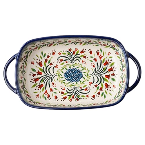 Plat de cuisson, plat de four en céramique à 730 ml à la chaleur à deux poignées, plat de lasagne rectangulaire à imprimé flor