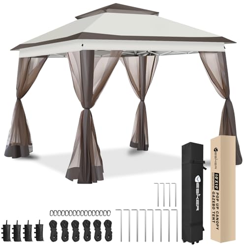 Yesker 10x10 Pop Up Canopy Tent w Mesh Netting Sidewall Vented Top - Heavy Duty Outdoor Canopy, Easy Setup Shelter Gazebo Waterproof 10x10 Popup Tnets for Patio Backyard Parties & Events, Khaki Brown product photo