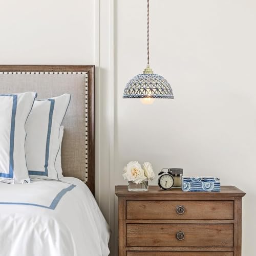 KAJYLFAST Semicircle Ceramics Lampshade Pendant Light with E26/E27 Brass Base Pendant Lamp 7.0in Dining Room Decorative Hanging Light(Blue) [4]
