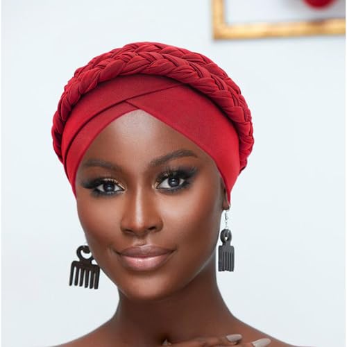 Image of DRESHOW African Women Turban Caps Beanie Twist Headscarf Pre-Tied Double Twisted Braid Hair Cover Wrap Hat Chemo Cancer Cap
