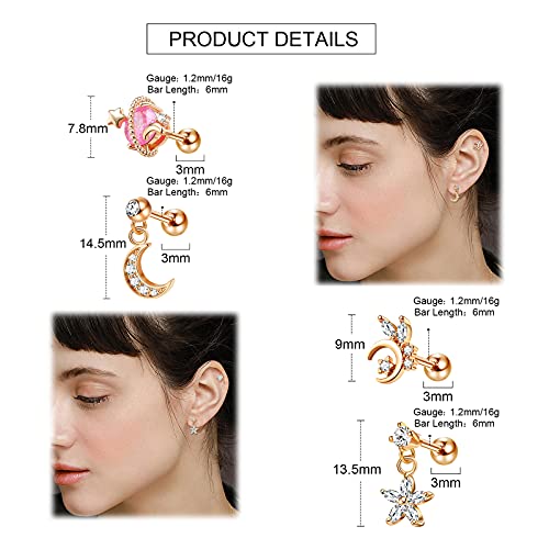 Joerica 9Pcs Cartilage Earrings For Women 16G 316L Stainless Steel Gold Plated Cz Dangle Conch Helix Tragus Cartilage Stud Ear Piercing Jewelry #TOP5