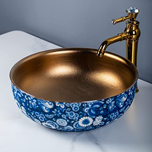 Blue White Porcelain Gold Inside Bathroom Vessel Sinks Round Sink Bowl With Faucet And Drain Combo #TOP2