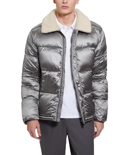 GUESS Mens Cassidy Puffer Quilted Jacket, Silver Soiled, Medium