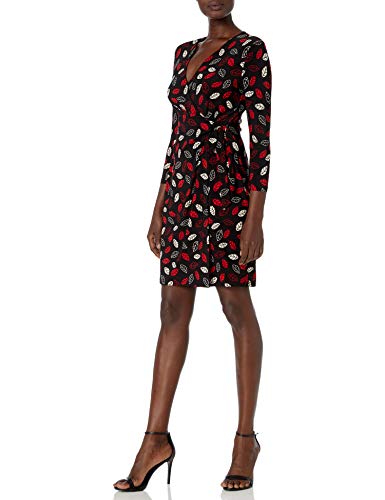 Anne Klein Women's Classic V-Neck Faux WRAP Dress, Anne Black/Pinot Combo, L