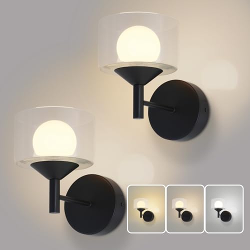 TYhogar Classy Wall Sconces Set of Two,Elegant Bedroom Wall Lights with Clear Glass,Black Sconces Wall Decor Set of 2 Hardwired Hallway Light Led Wall Sconces for Bathroom,Living Room,Indoor