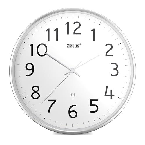 Mebus Moderne Funk-Wanduhr mit Metallgehäuse, Farbe Weiß-Silber, Modell 52680
