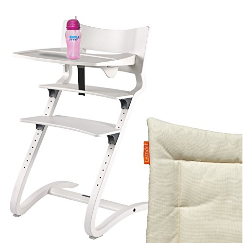 Leander Hochstuhl weiß RAL-9016 Komplettpaket mit Sicherheitsbügel, Tisch, BFree-Trinkbecher und Sitzkissen Vanilla