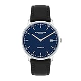 HOCHWERTIG: Poliertes Edelstahl-Gehäuse (Durchmesser 38 mm) mit geschraubtem Boden, dunkelblauem Zifferblatt, Datumsanzeige und Stabzeigern