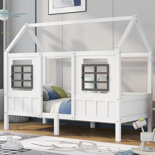 Sweiko Lit Simple, 90x200cm Lit en Bois avec 2 Fenêtres, Lit Cabane avec Sommier à Lattes, Cadre en Pin, MDF, pour Fille et Garçon, Blanc(sans Matelas) (90x200CM(sans tiroir))