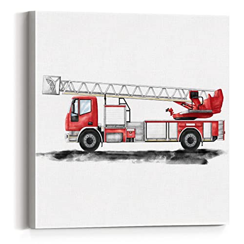 Image of Fire Truck Canvas Wall Art Framed Transportation Ladder Truck Painting Print Watercolor Boys Nursery Firetruck Canvas Wall Decor for Home Bedroom 12x12 Inch