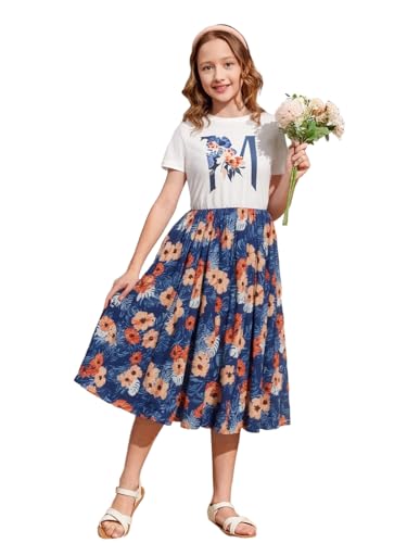 Seechoslo 8-14 Years Girls Summer Dresses Short Sleeve Casual Midi A-Line Floral & Graphic Print Play Dress