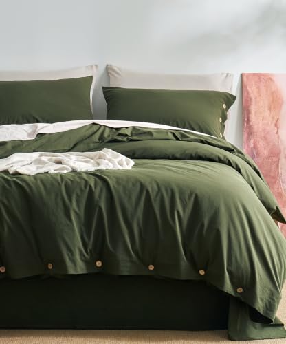 Image of JELLYMONI 100% Washed Cotton Duvet Cover King (Olive Green, 104 inchx90 inch)