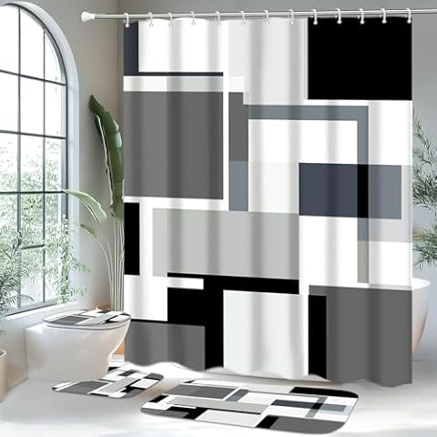 KINUUIS 4 Pcs Bathroom Sets with Shower Curtain and Rugs,Grey Geometric Bathroom Shower Curtain Sets with 12 Hooks, Grey and Black Modern Abstract Bathroom Sets with Rugs and Accessories for Bathroom Cover