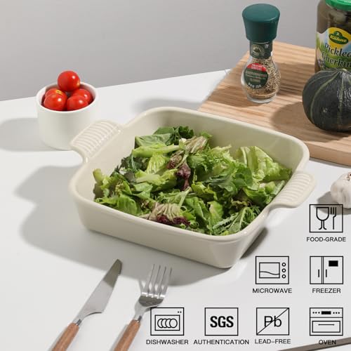Sweejar Ceramic Baking Dish, 9 x 9 Cake Baking Pan for Brownie, Porcelain Square Bakeware with Double Handle for Casserole, Lasagna, Family Dinner (Beige) by Sweejar Home - Used condition - Image 2