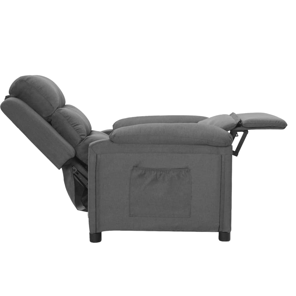 Fotel relaksacyjny, jasnoszary, materiał z ręczną funkcją leżenia, regulowane oparcie i podnóżek, ergonomiczny fotel tapicerowany z drewna i metalu, do salonu, kącika do czytania, biura i