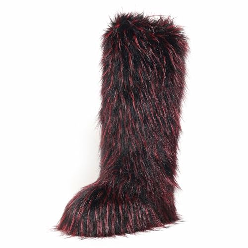 Women Furry Faux Fur Snow Boots Fluffy Fuzzy Comfy Knee High Boot Colorful Round Toe Flat Shoes Rubber Sole Outdoor Indoor Fashion Party