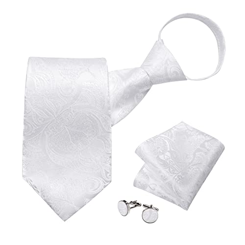 Image of DiBanGu Silk Zipper Ties for Men,Paisley Solid Plaid Pre-tied Tie and Pocket Square Cufflinks Set Formal Adjustable Necktie