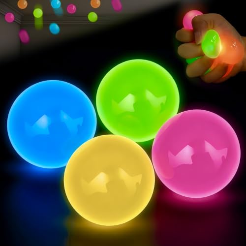 4 Pcs Glowing Sticky Balls, Glow in The Dark Stick to The Ceiling | Stress Relief Toys for Adults, Stocking Stuffers, Fun Decompression Fidget for Adults Anxiety Pressure