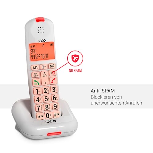 SPC Comfort Kairo - Schnurloses Telefon für Senioren mit großen Tasten, verstärktem Ton, hörgerätekompatibel, Anrufsperre, Lichtsignal und 2 Direktspeichern – Weiß