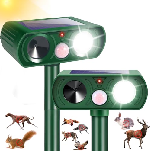 2 Pack Raccoon Squirrel Fortress Pro Solar Ultrasonic Repellent Outdoor Cat Deterrent Deer Repellent with Motion Detection Strobe Light,Waterproof Animal Repeller for Rabbit Dog Skunk for Yard