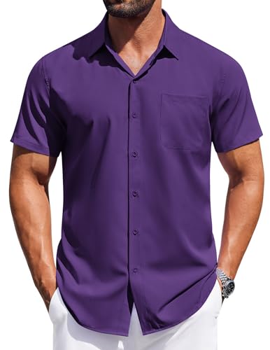 COOFANDY Mens Button Down Short Sleeve Shirt Collar Shirts for Men Solid Formal Shirt Deep Purple