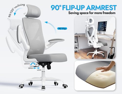 Image of Ergonomic Office Chair: White Computer Desk Chair Comfy Gaming Chair for Adults - Office Chair with Lumbar Support & Headrest - Executive Office Rolling Chairs for Home Work (Grey)