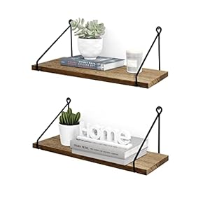 Afuly Etagere Murale Bois Noire Metal Salle de Bain Chambre Cuisine Rustique Moderne Design Domicile Decorer, Lot de 2