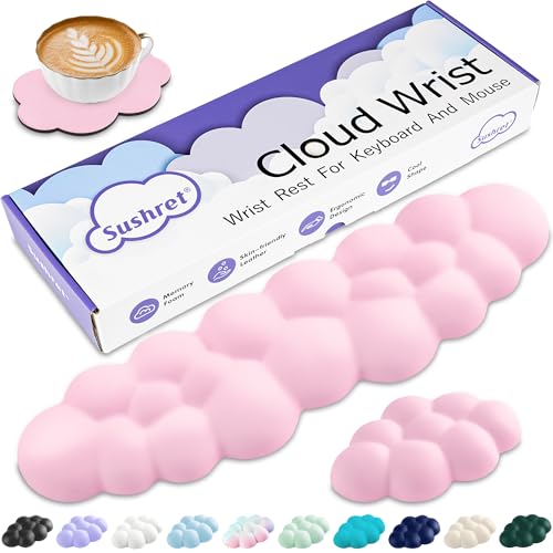 Image of Sushret Cloud Wrist Rest Keyboard, Cloud Keyboard Wrist Pad Set with PU Leather Memory Foam, Cute Arm Rest for Palm Support, PC /Gaming Desk Accessories /Office Setup /Computer Hand Cushion - Pink