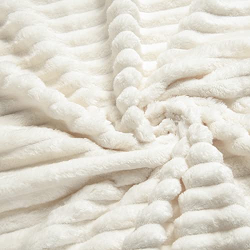Vessia Flannel Fleece Throw Blanket For Couch,Sofa,Bed, 300Gsm Microfiber Cream Striped Chair Blanket For Adults And Kids, Super Soft Warm Cozy Lightweight Ivory Ribbed Throw For All-Season #TOP5
