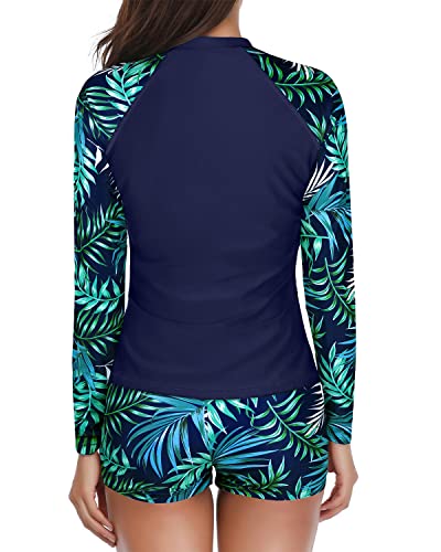 Holipick Women Blue Leaf 2 Piece Rash Guard Swimsuit Long Sleeve Zipper Bathing Suit Sun Protection Upf 50+ Swim Shirt With Shorts L #TOP3