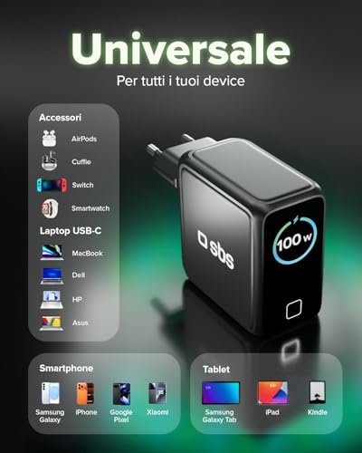 Caricabatteria Sbs Caricatore USB-C Smart Con Display Tft E Power Control 2.0, 100W, Nero - 3