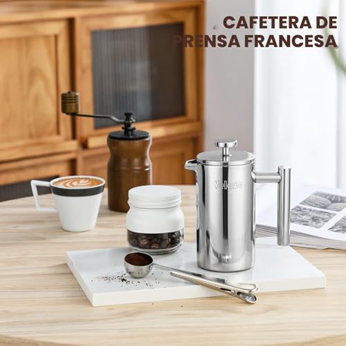 Miniatura 7 de Velaze - Cafetera De Émbolo Acero Inoxidable, 350 Ml, Para 2 Tazas, Doble Pared, Cafetera, Con 5 Flitros Y Cuchara-S