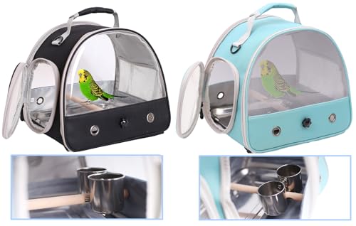 Image of Bird Carrier, Portable Small Bird Parrot Parakeet Carrier with Standing Perch and Stainless Steel Tray, Side Access Window Collapsible (Silver, Clamp Cups)