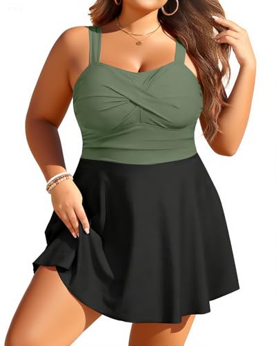 Plus Size Swim Dresses for Women- One Piece Swimsuit Tummy Control Flowy Bathing Suit Full Coverage Swimwear 2025 Olive Green 14 Plus