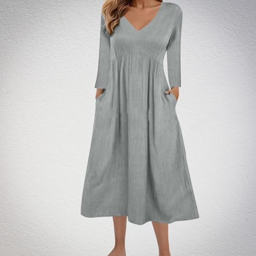 Vestidos femininos slim túnica verão outono manga curta gola V linho midi simples vestidos femininos