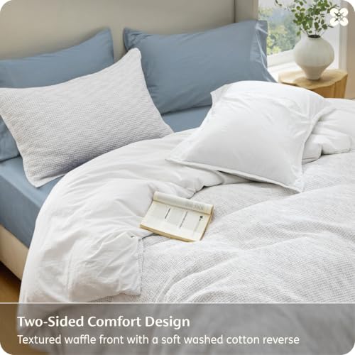 Image of Bedsure PureWoven Space-Dyed Cotton Waffle Duvet Cover Set, Queen, White