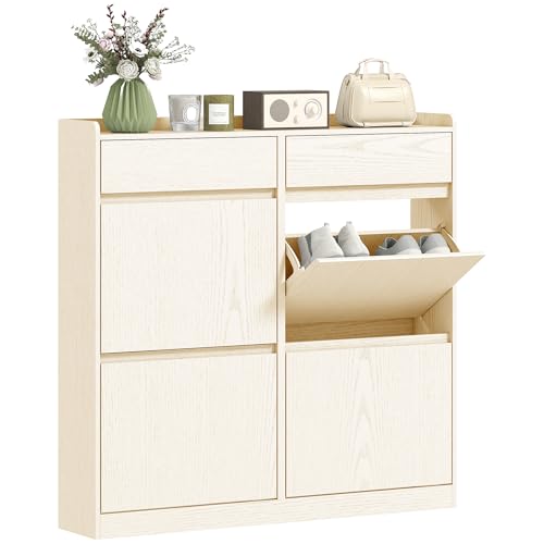 HOMCOM Zapatero Estrecho con 4 Puertas Abatibles Zapatero Entrada Recibidor con 2 Cajones para 8 Pares de Zapatos para Pasillo Espacios Reducidos 98x19,2x95,3 cm Blanco