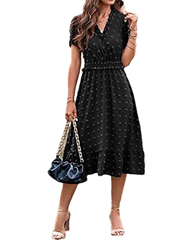 Robe d'été longue à pois noire col en V XL coupe fluide anti-chaleur