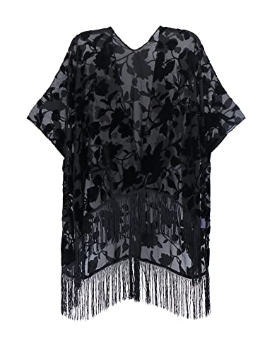 Image of MJ SERECA Women's Burnout Velvet Kimono Cardigan Cover Up with Tassel
