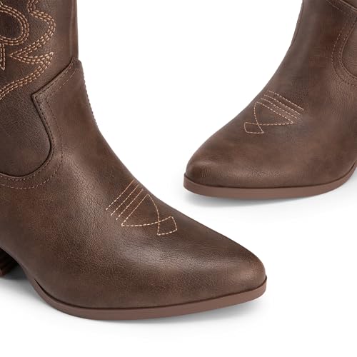 DREAM PAIRS Women's Cowboy Cowgirl Boots Embroidered Stitched Short Western Boots Low Chunky Heel Pointed Toe Ankle Booties,Size 6,Brown,DWUMAB2504