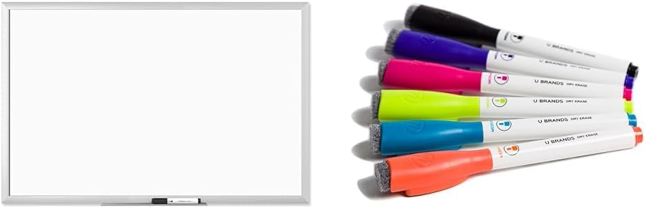 U Brands Magnetic Dry Erase Board, 23 x 35 Inches, Silver Aluminum Frame (291U00-01) & Low Odor Magnetic Dry Erase Markers with Erasers, Medium Point, Assorted Colors, 6-Count - 520U06-24