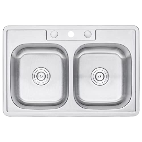 Cozyblock 33 X 22 X 9 Inch 50/50 Top-Mount/Drop-In Stainless Steel Double Bowl Kitchen Sink With Strainer And Silicon Dishrack - 18 Gauge Stainless Steel-3 Faucet Hole #TOP1