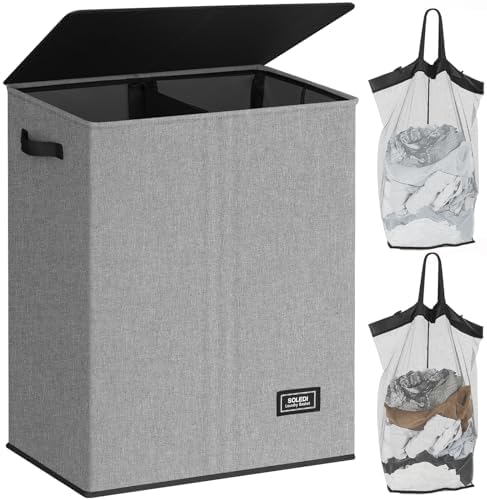 SOLEDI Double Laundry Hamper with Lid, 130L Clothes Hamper 2 Sect...