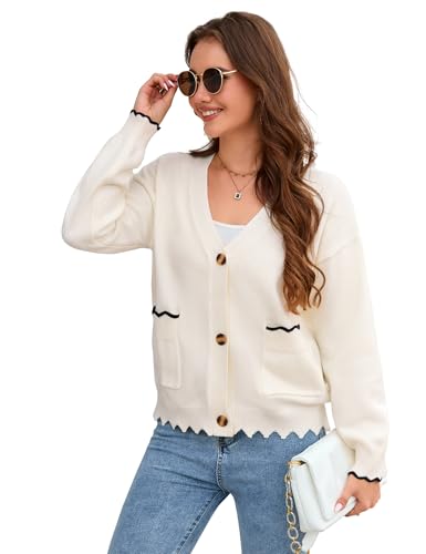 Yesfashion Strickjacke Damen Kurz Cardigan Langarm Strickpullover Schulterjacke Bolero Top mit Knöpfen und Taschen Aprikose S